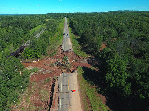 Arial view of washed out road